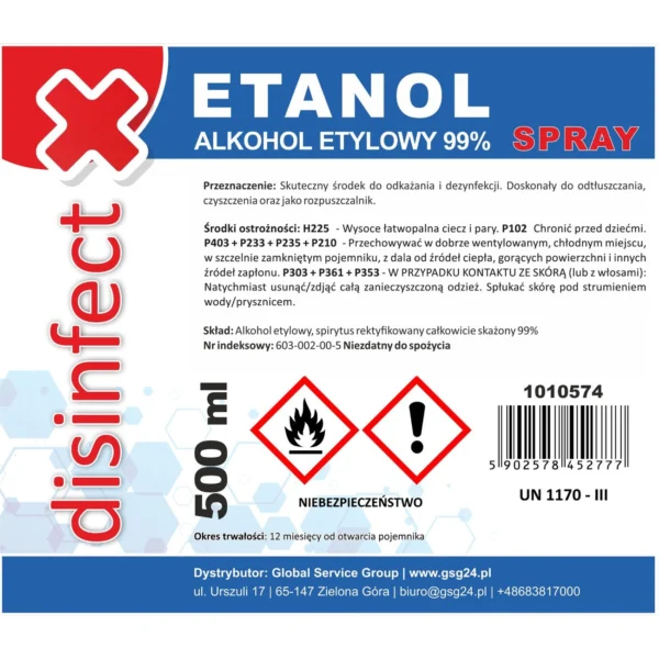 ETHANOL - Ethyl alcohol denatured DISINFECT 99% spray 500mleng