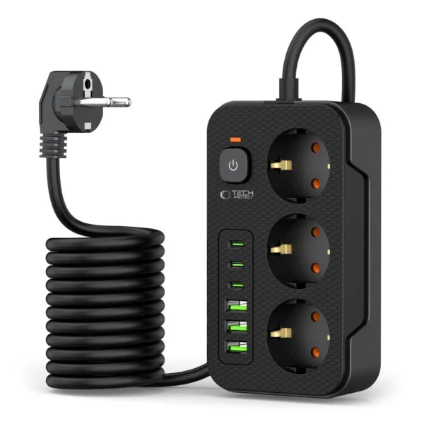 Tech-Protect PC3X6 Power Strip 3 Sockets 240V + 3xUSB-A + 3xUSB-C 200cm - Blackeng