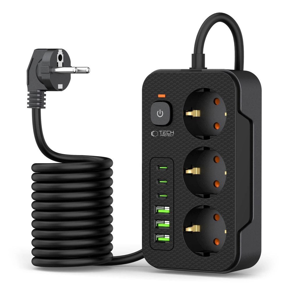 Tech-Protect PC3X6 Power Strip 3 Sockets 240V + 3xUSB-A + 3xUSB-C 200cm - Blackeng