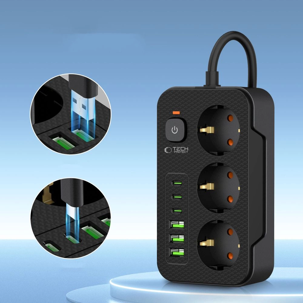Tech-Protect PC3X6 Power Strip 3 Sockets 240V + 3xUSB-A + 3xUSB-C 200cm - Blackeng