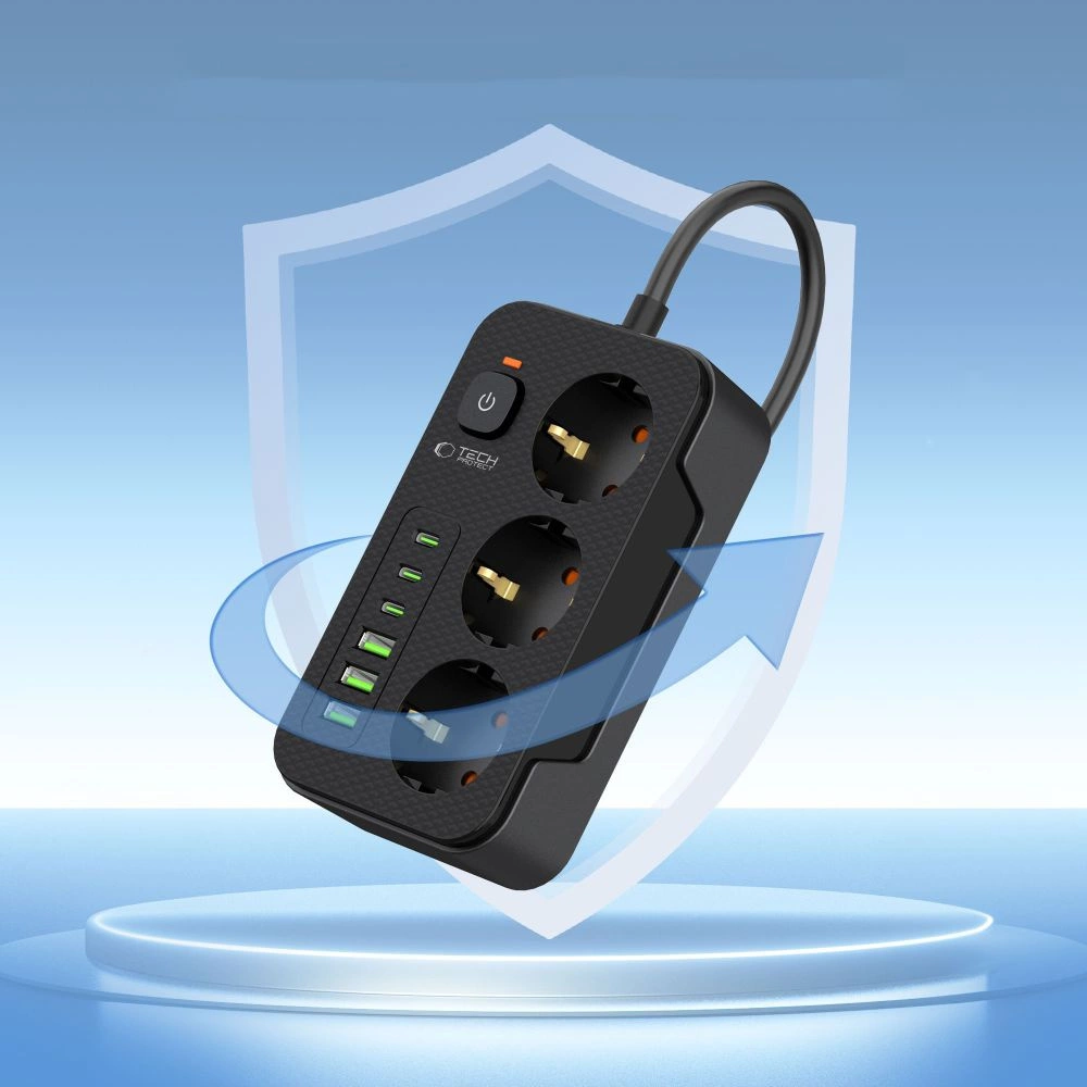 Tech-Protect PC3X6 Power Strip 3 Sockets 240V + 3xUSB-A + 3xUSB-C 200cm - Blackeng