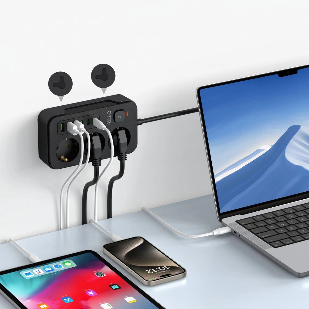 Tech-Protect PC3X6 Power Strip 3 Sockets 240V + 3xUSB-A + 3xUSB-C 200cm - Blackeng