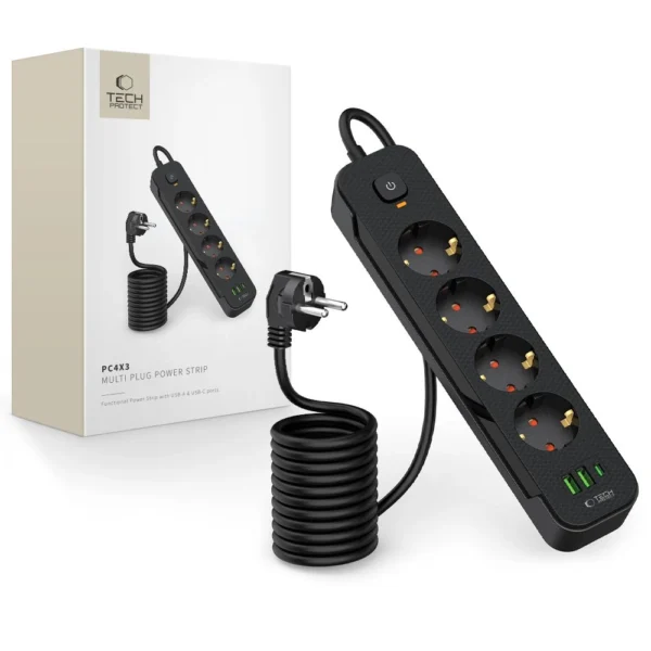 Tech-Protect PCL4X3 Power Strip 4 Sockets 240V + 2xUSB-A + 1xUSB-C 200 cm - Blackeng
