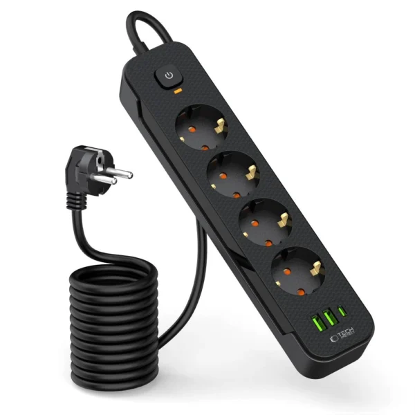 Tech-Protect PCL4X3 Power Strip 4 Sockets 240V + 2xUSB-A + 1xUSB-C 200 cm - Blackeng