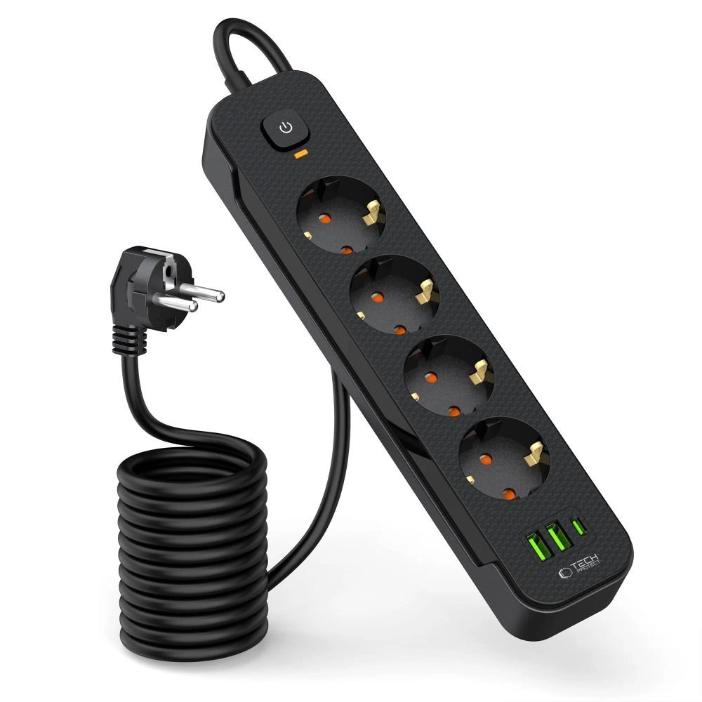 Tech-Protect PCL4X3 Power Strip 4 Sockets 240V + 2xUSB-A + 1xUSB-C 200 cm - Blackeng