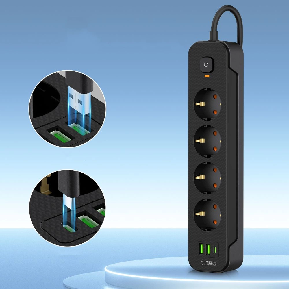 Tech-Protect PCL4X3 Power Strip 4 Sockets 240V + 2xUSB-A + 1xUSB-C 200 cm - Blackeng