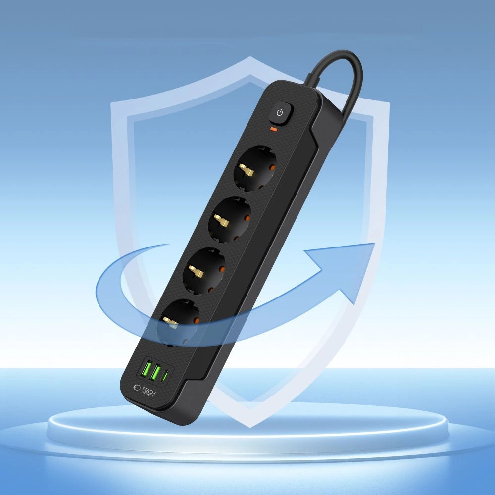 Tech-Protect PCL4X3 Power Strip 4 Sockets 240V + 2xUSB-A + 1xUSB-C 200 cm - Blackeng