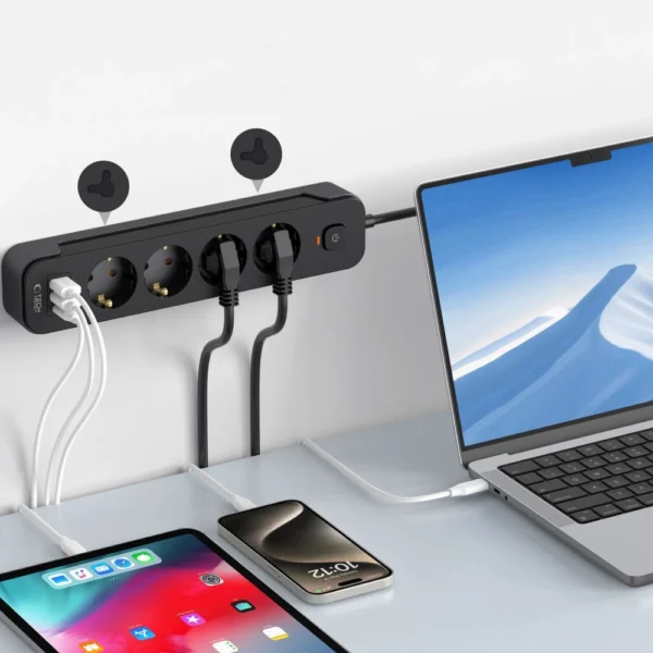 Tech-Protect PCL4X3 Power Strip 4 Sockets 240V + 2xUSB-A + 1xUSB-C 200 cm - Blackeng