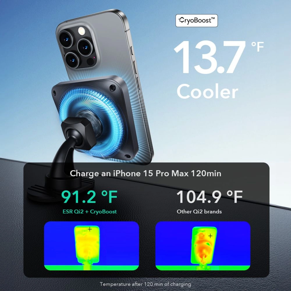 ESR Halolock CryoBoost MagSafe Inductive Charger Holder for Dashboard and Air Vent with Qi 2 15W - Blackeng