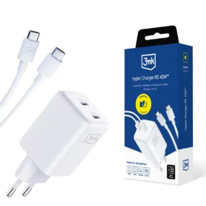 3mk Hyper Charger PD GaN 45W Wall Charger with USB-C Cable - Whiteeng