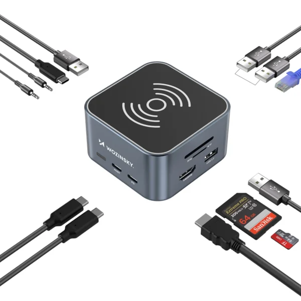 Hub USB-C 12 in 1 Wozinsky WHBC09Y8S multifunctional, with wireless charging function, aluminum, with 15 cm cable - grayeng