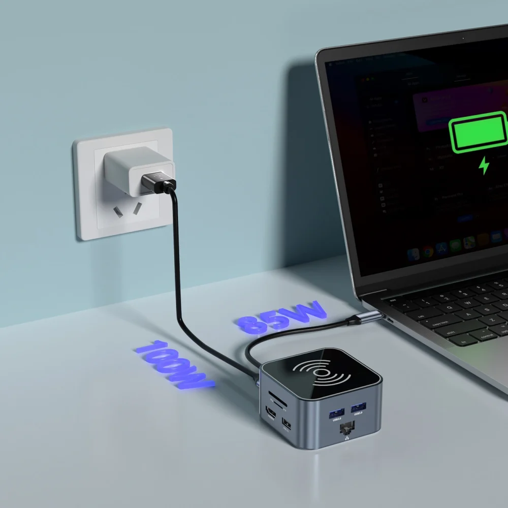 Hub USB-C 12 in 1 Wozinsky WHBC09Y8S multifunctional, with wireless charging function, aluminum, with 15 cm cable - grayeng