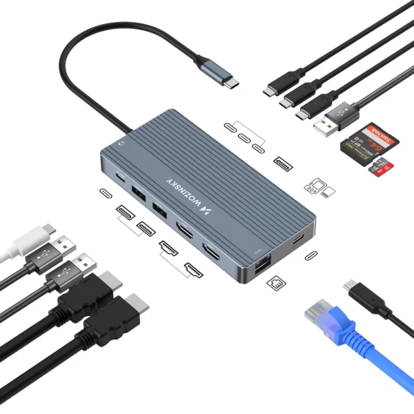 USB-C Hub 14 in 1 Wozinsky WDS03Y5S Multifunctional, Aluminum, for 3 Monitors, with 15 cm Cable - Grayeng