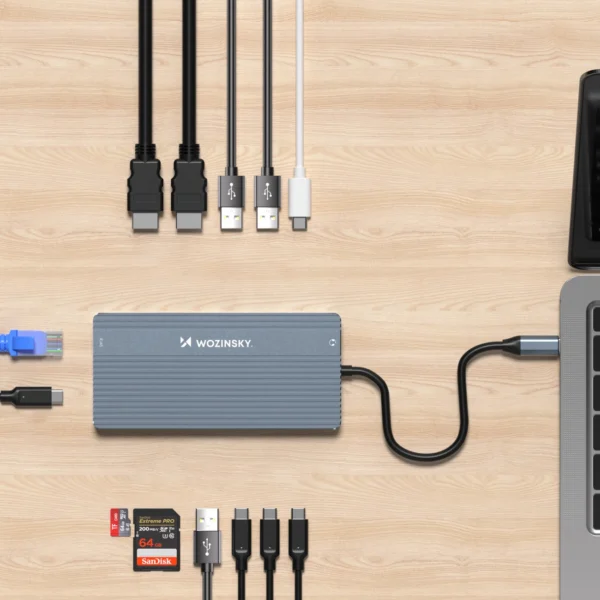 USB-C Hub 14 in 1 Wozinsky WDS03Y5S Multifunctional, Aluminum, for 3 Monitors, with 15 cm Cable - Grayeng