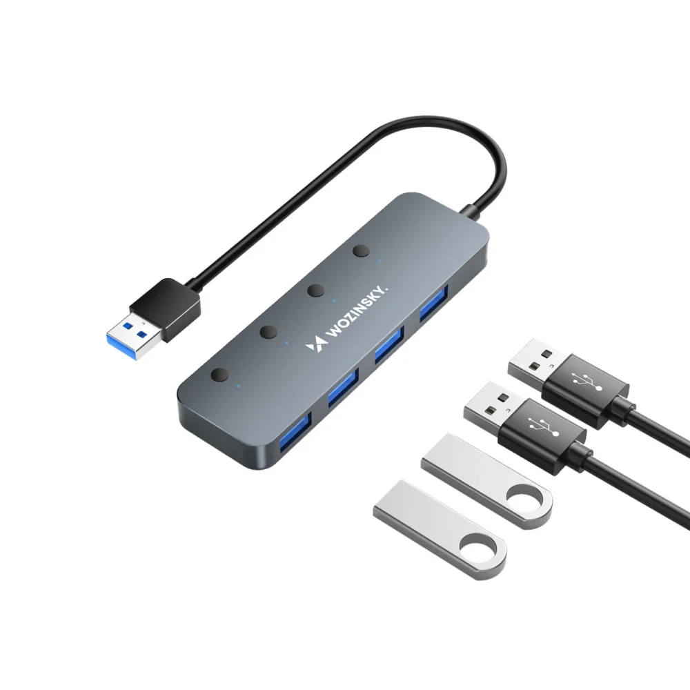 USB-A Hub Wozinsky WHS080YSS 4 x USB-A 3.0 with individual switches, aluminum, with 30 cm cable - grayeng