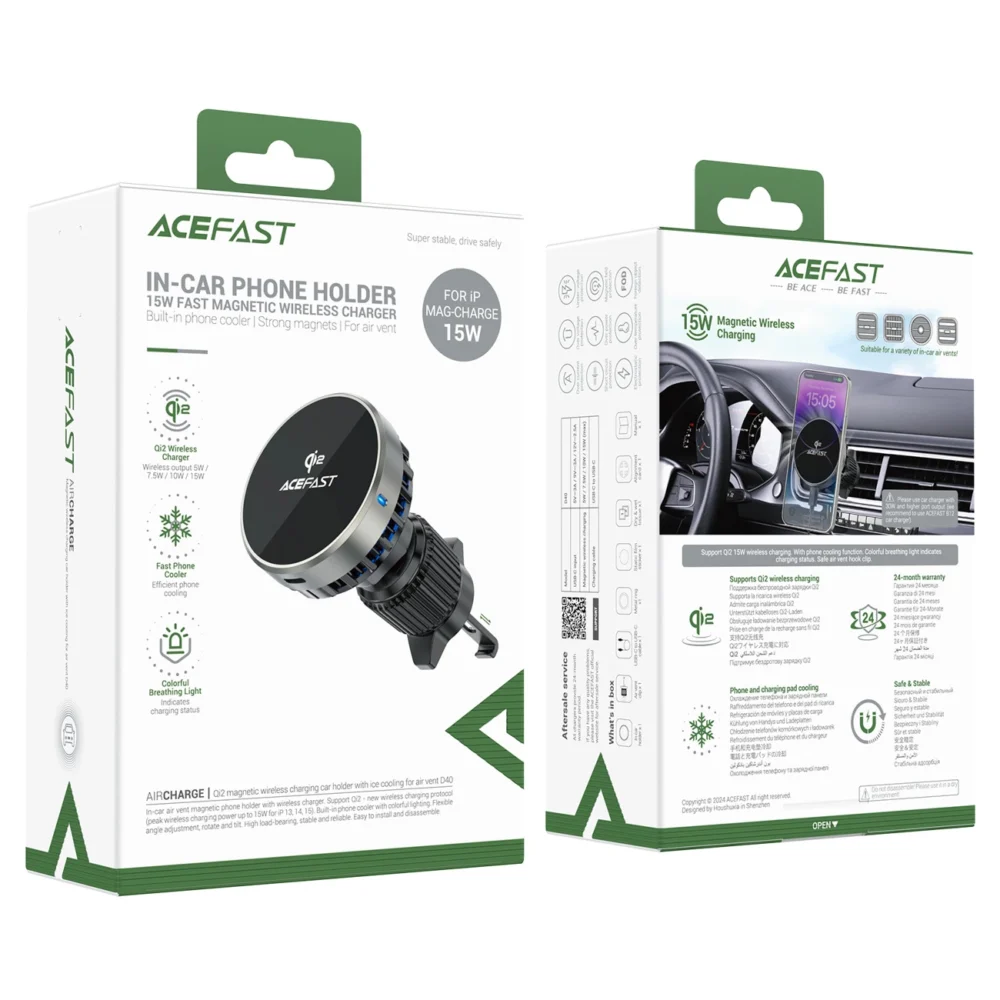 Acefast D40 Car Holder with Qi2 15W Magnetic Charger for Air Vent - Blackeng