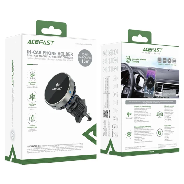 Acefast D40 Car Holder with Qi2 15W Magnetic Charger for Air Vent - Blackeng