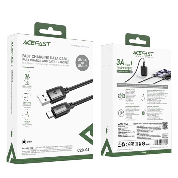 Acefast C20-04 USB-A - USB-C Cable 480Mb/s 3A 1.2m - Blackeng