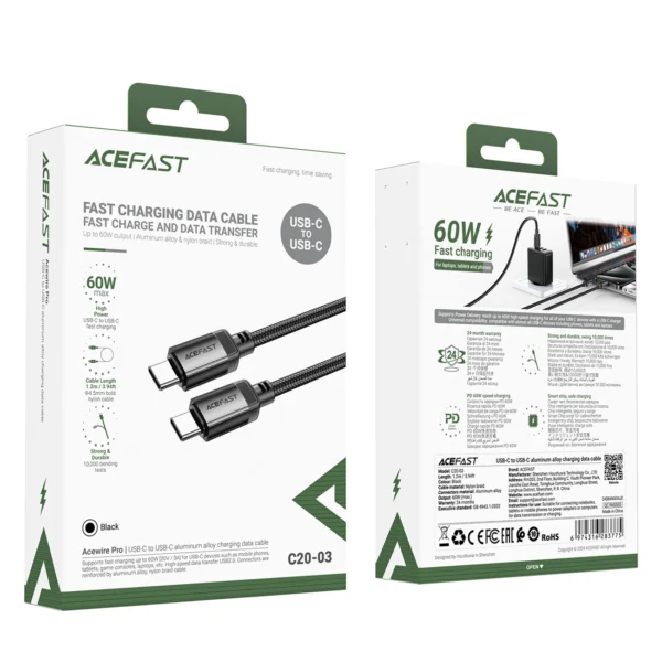 Acefast C20-03 USB-C Cable - USB-C 480Mb/s 3A 1.2m - Blackeng