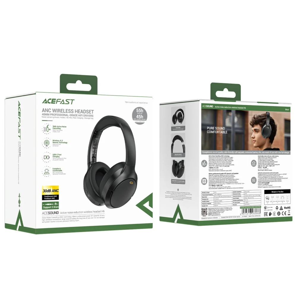 Acefast H6 ANC Wireless Bluetooth 5.3 IPX4 Over-Ear Headphones - Blackeng
