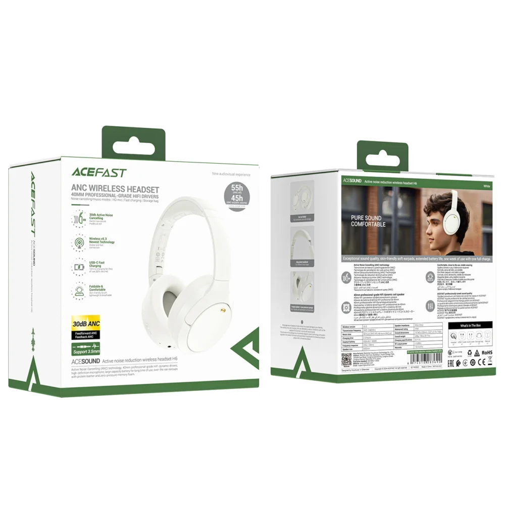Acefast H6 ANC Wireless Bluetooth 5.3 IPX4 Over-Ear Headphones - Whiteeng