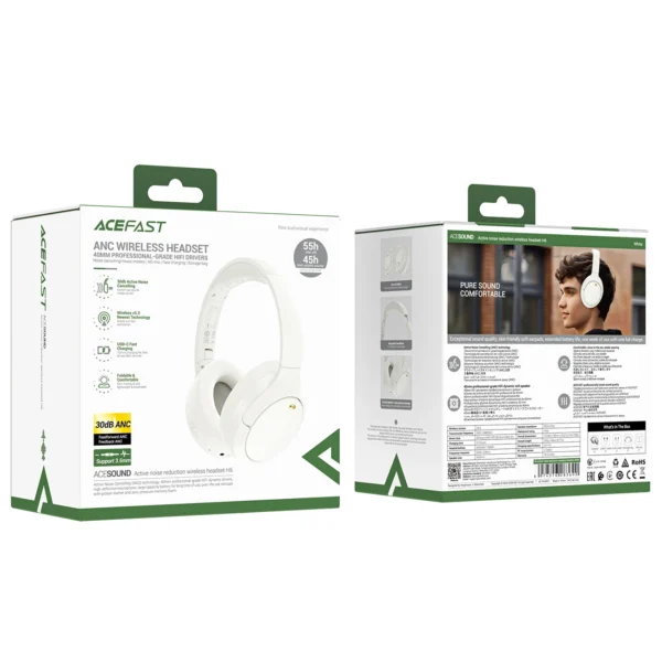 Acefast H6 ANC Wireless Bluetooth 5.3 IPX4 Over-Ear Headphones - Whiteeng