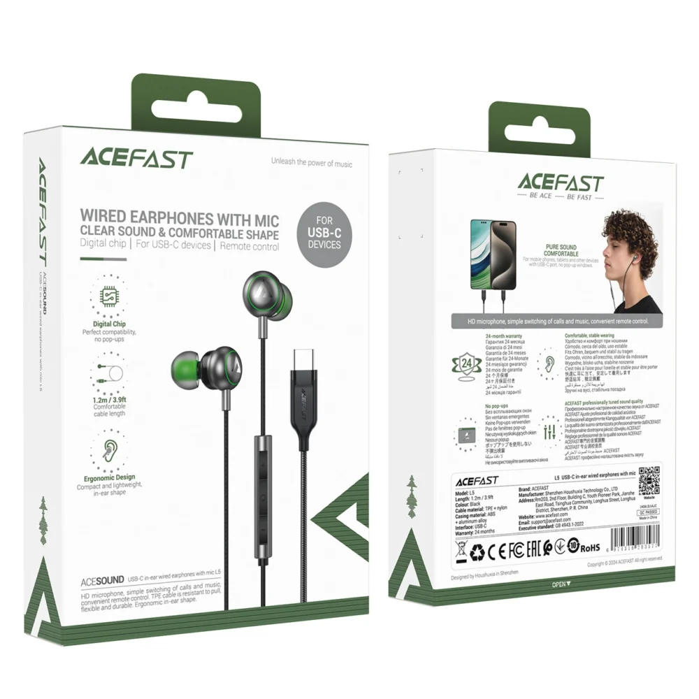 Acefast L5 Wired In-Ear Headphones USB-C 1.2m - Blackeng