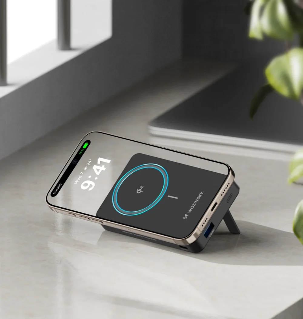 Powerbank Wozinsky WLWP-10KA0Y3S 22.5W PD Qi2 10000 mAh, with stand, 1x USB-A, 1x USB-C - blackeng