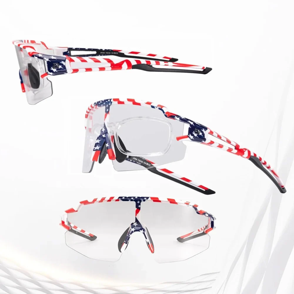 Rockbros Cycling Glasses Photochromic with UV Protection and Corrective Insert 14120008002 - USA Pattern - Whiteeng