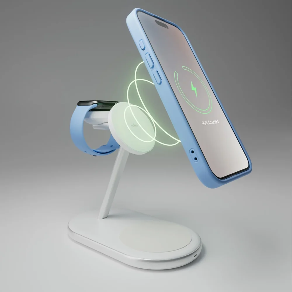 Puro Mag Station Qi2 3-in-1 Wireless Charger Compatible with MagSafe - Whiteeng