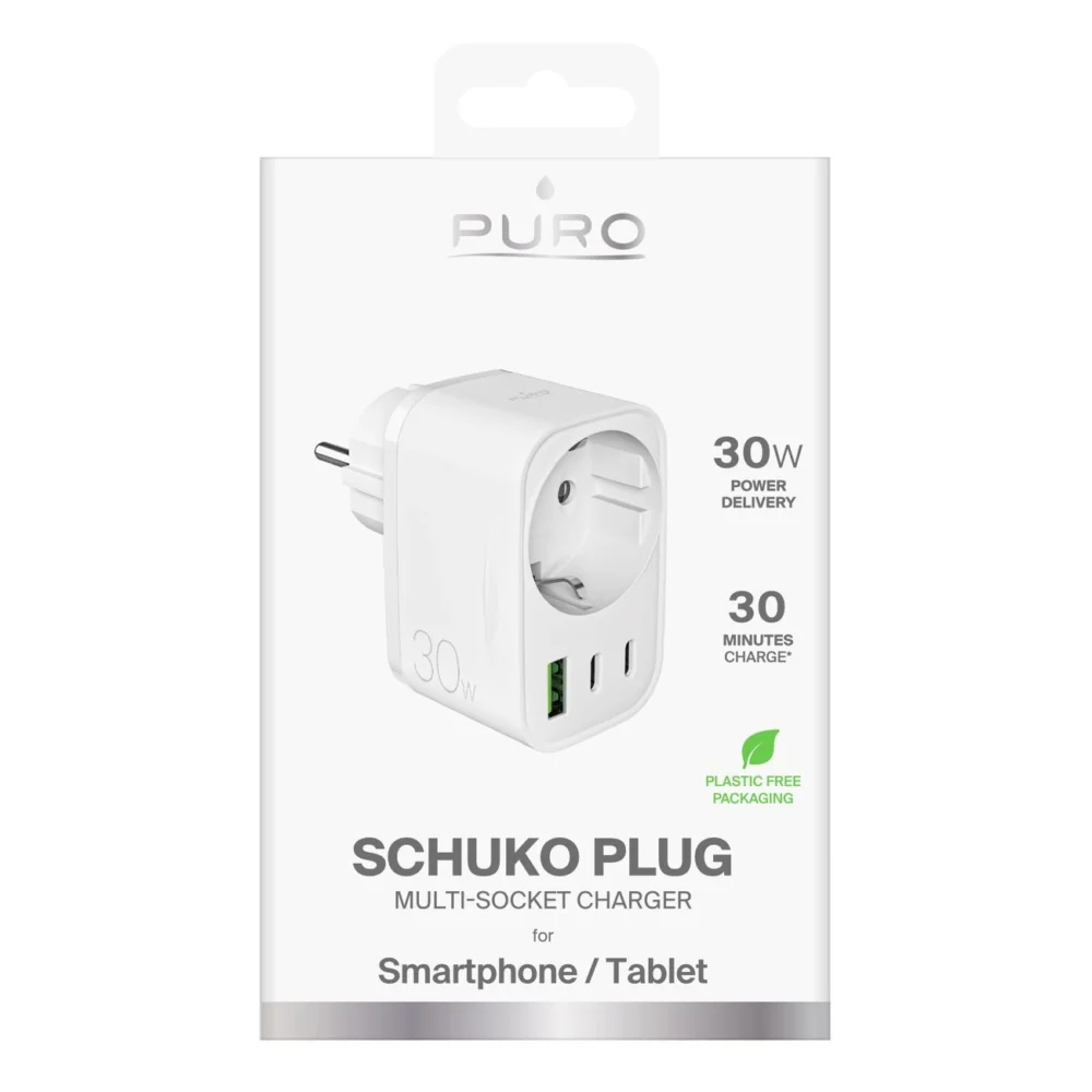 Puro 30W Power Delivery Charger with Schuko Plug and Socket 2x USB-C + 1x USB-A - Whiteeng