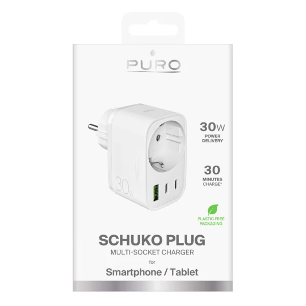 Puro 30W Power Delivery Charger with Schuko Plug and Socket 2x USB-C + 1x USB-A - Whiteeng