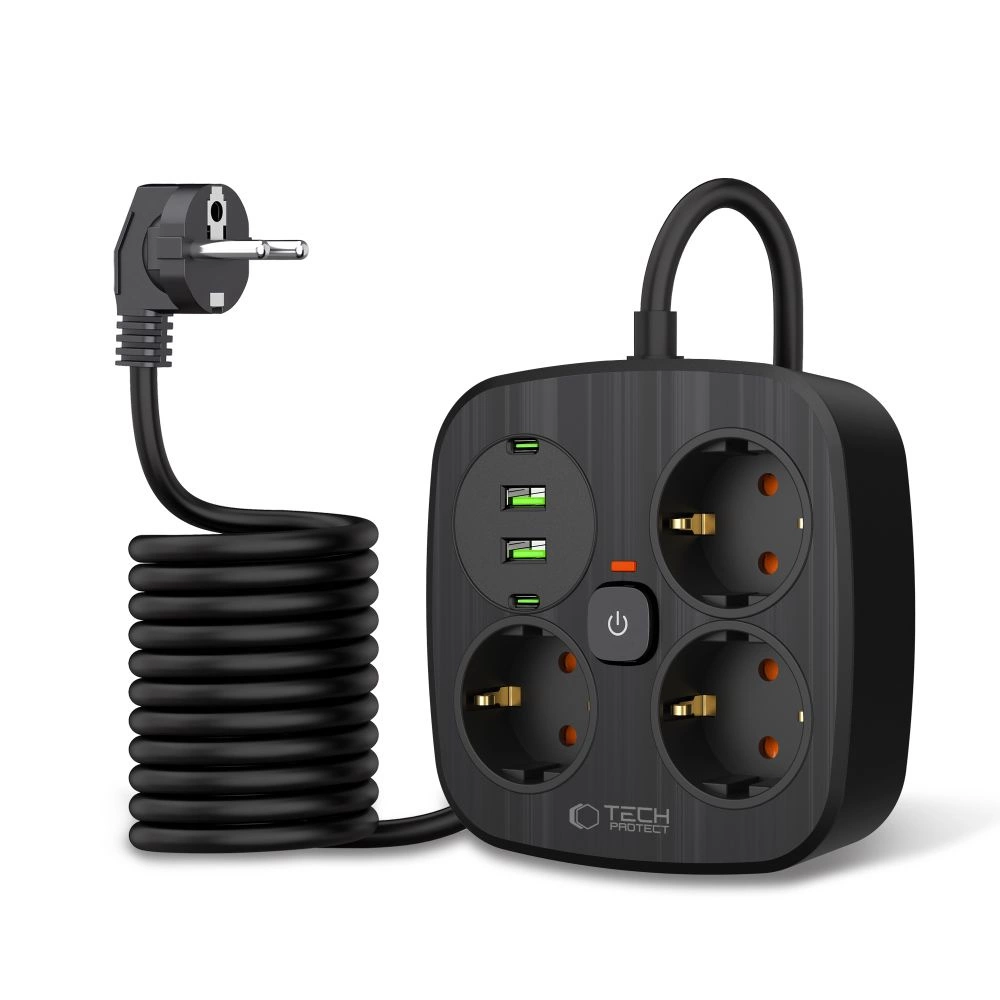 Tech-Protect PCS3X4 power strip, 3 sockets, 2xUSB-A, 2xUSB-C 200 cm - blackeng