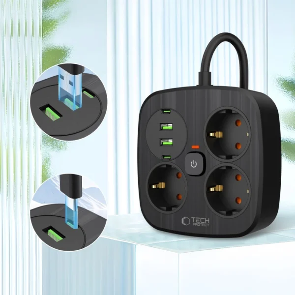 Tech-Protect PCS3X4 power strip, 3 sockets, 2xUSB-A, 2xUSB-C 200 cm - blackeng