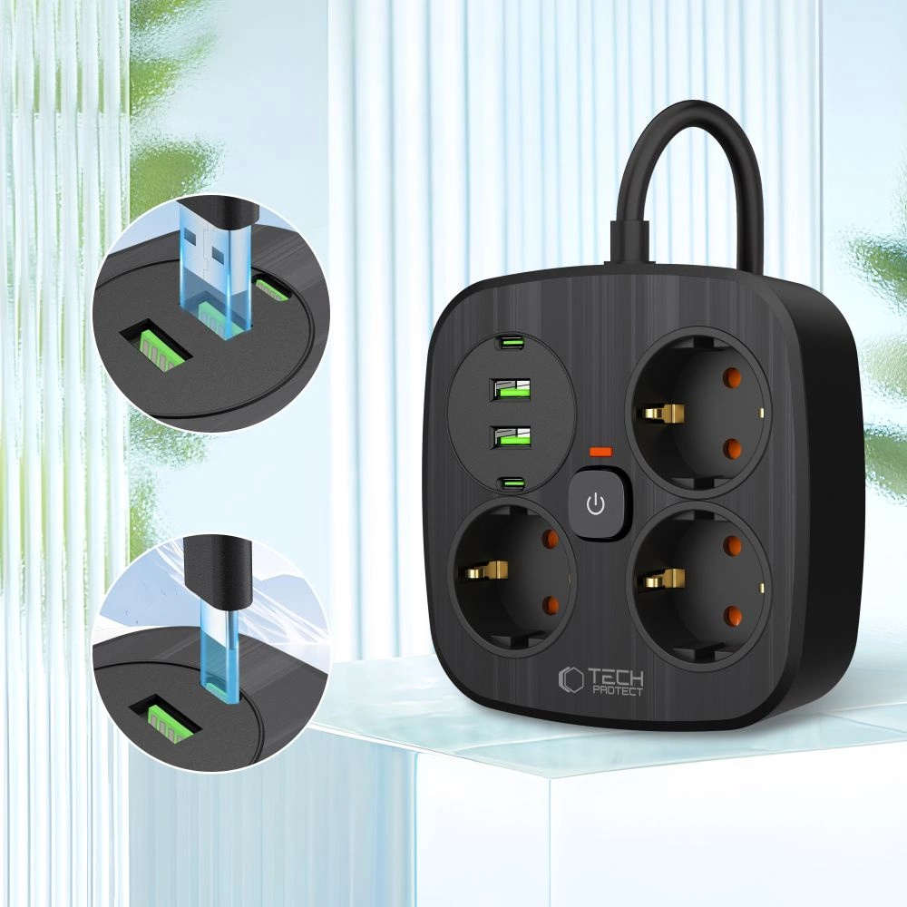 Tech-Protect PCS3X4 power strip, 3 sockets, 2xUSB-A, 2xUSB-C 200 cm - blackeng