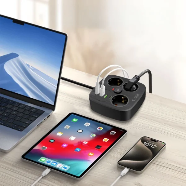 Tech-Protect PCS3X4 power strip, 3 sockets, 2xUSB-A, 2xUSB-C 200 cm - blackeng