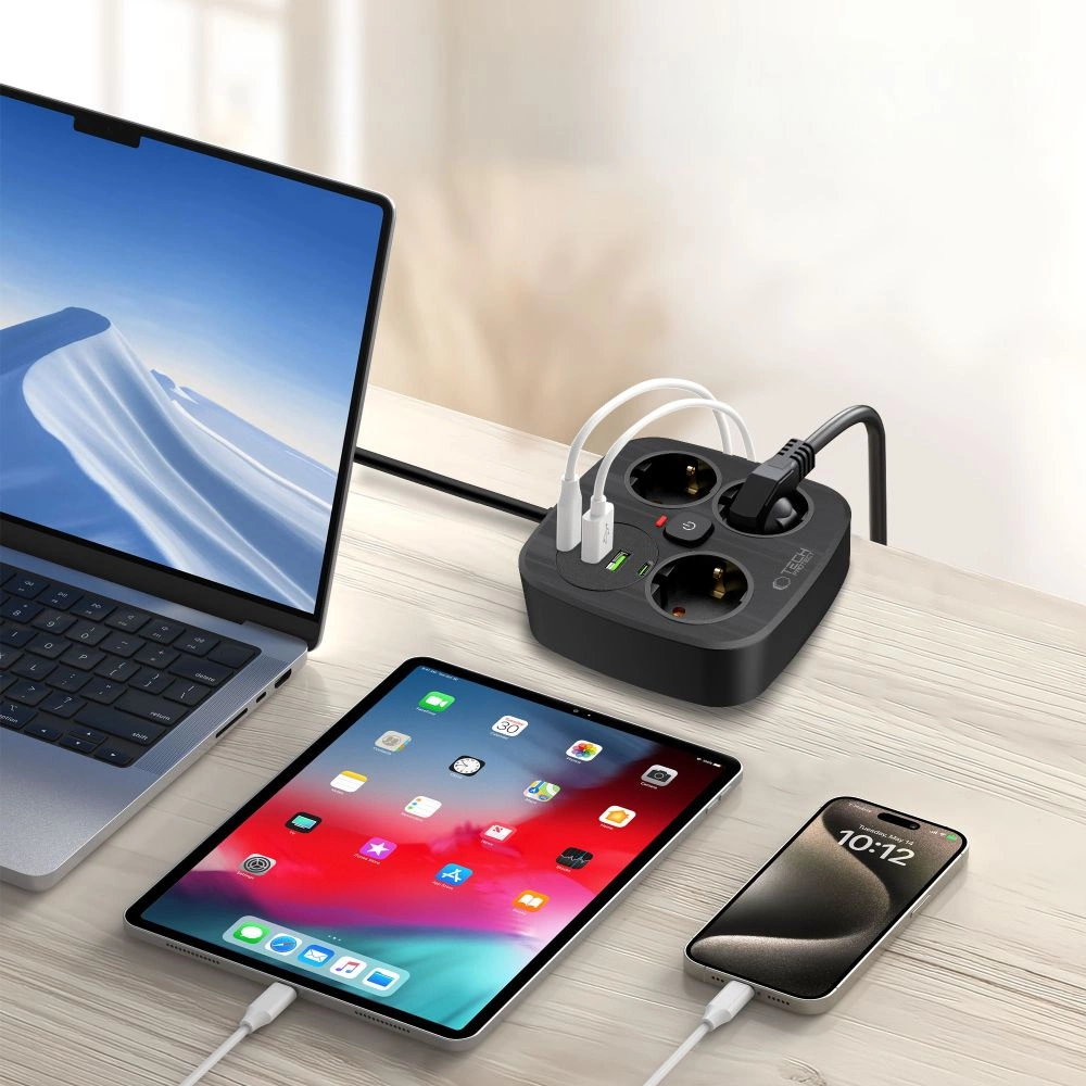 Tech-Protect PCS3X4 power strip, 3 sockets, 2xUSB-A, 2xUSB-C 200 cm - blackeng
