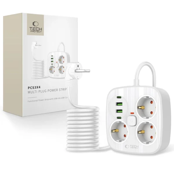 Tech-Protect PCS3X4 power strip, 3 sockets, 2xUSB-A, 2xUSB-C 200 cm - whiteeng