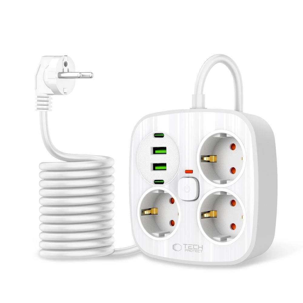 Tech-Protect PCS3X4 power strip, 3 sockets, 2xUSB-A, 2xUSB-C 200 cm - whiteeng