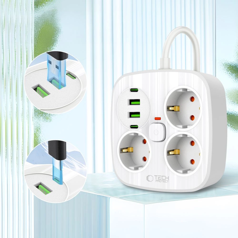 Tech-Protect PCS3X4 power strip, 3 sockets, 2xUSB-A, 2xUSB-C 200 cm - whiteeng