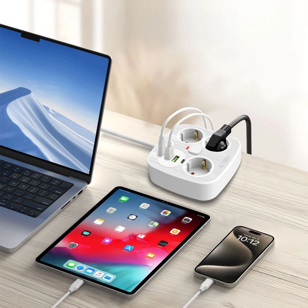 Tech-Protect PCS3X4 power strip, 3 sockets, 2xUSB-A, 2xUSB-C 200 cm - whiteeng