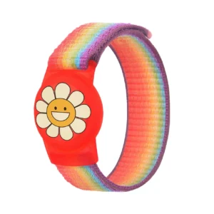 Apple AirTag Kids Nylon Wrist Strap Case - with Flower and Rainbow Stripeeng