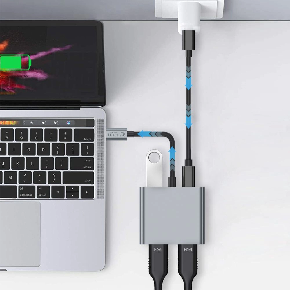 Tech-Protect HB08 4in1 USB-C + USB2.0 + 2 x HDMI 4K 60HZ adapter - grayeng