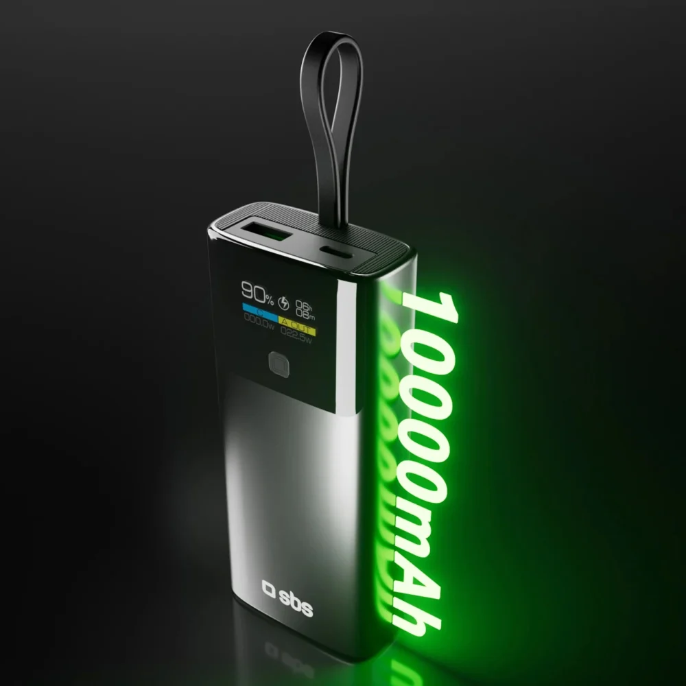 SBS 10000mAh PD 20W Powerbank with LCD Display and Built-in USB-C Cable - Grayeng