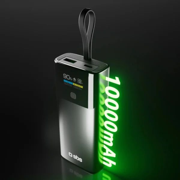 SBS 10000mAh PD 20W Powerbank with LCD Display and Built-in USB-C Cable - Grayeng