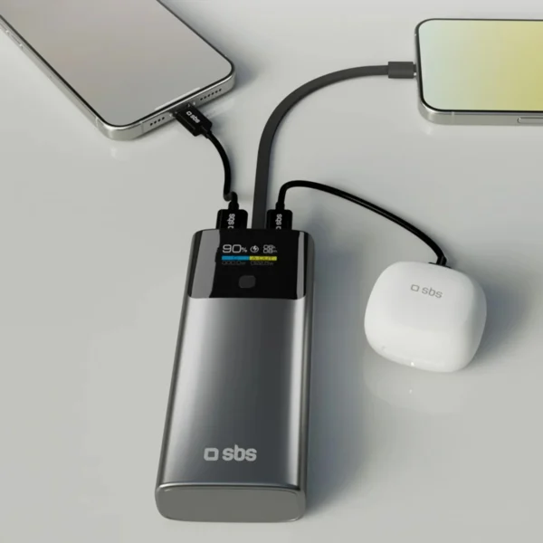 SBS 10000mAh PD 20W Powerbank with LCD Display and Built-in USB-C Cable - Grayeng
