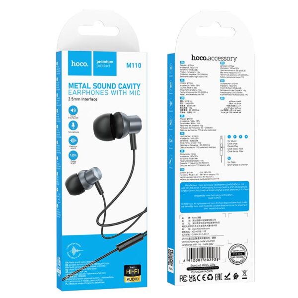 HOCO wire earphones Jack 3,5 mm with microphone M110 metal gray