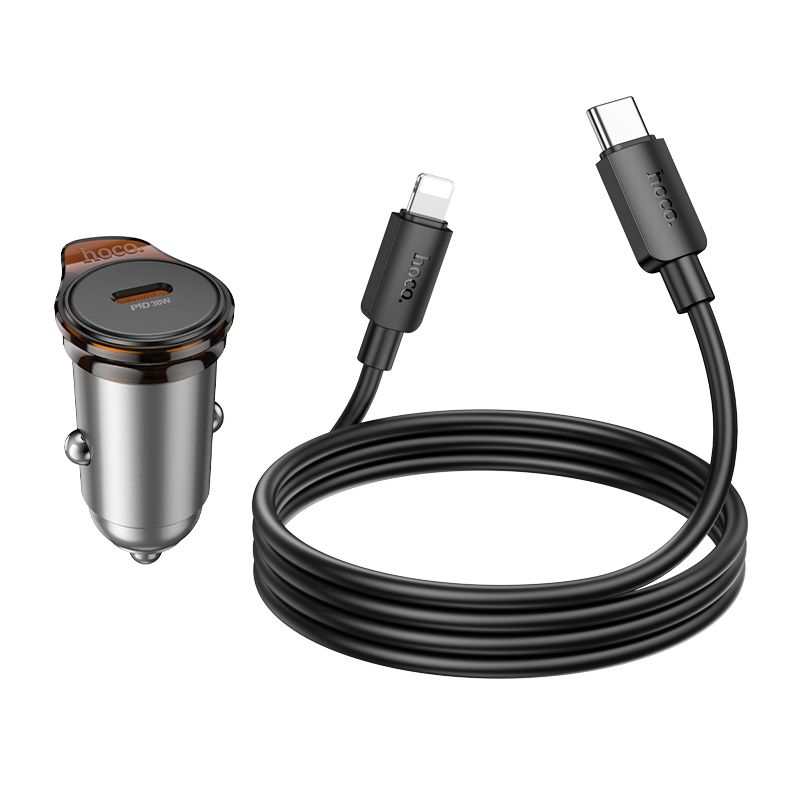 HOCO car charger Type C + cable Type C to Lightning PD QC 30W NZ16 metal gray