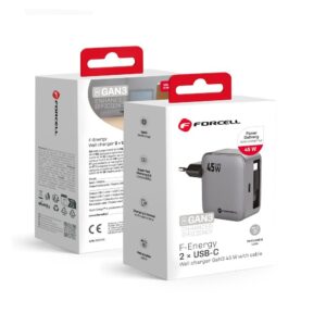 FORCELL F-ENERGY GaN III VT-R5 travel charger with retractable cable Type C and Type C charging port PD QC4.0 3A 45W gray