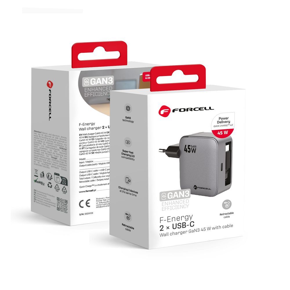 FORCELL F-ENERGY GaN III VT-R5 travel charger with retractable cable Type C and Type C charging port PD QC4.0 3A 45W gray